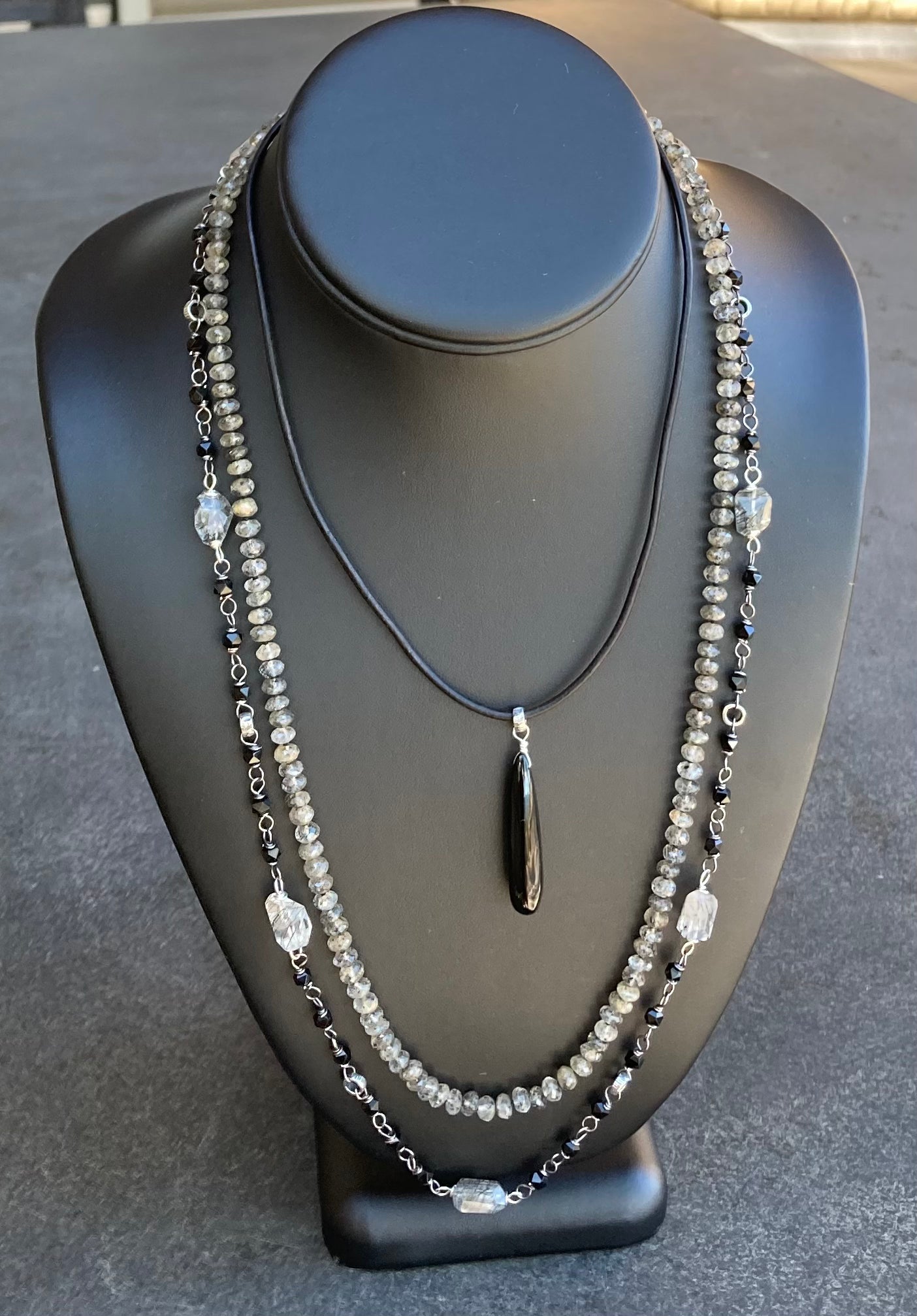 Black Rutilated Quartz, Black Onyx & Sterling Silver Necklace