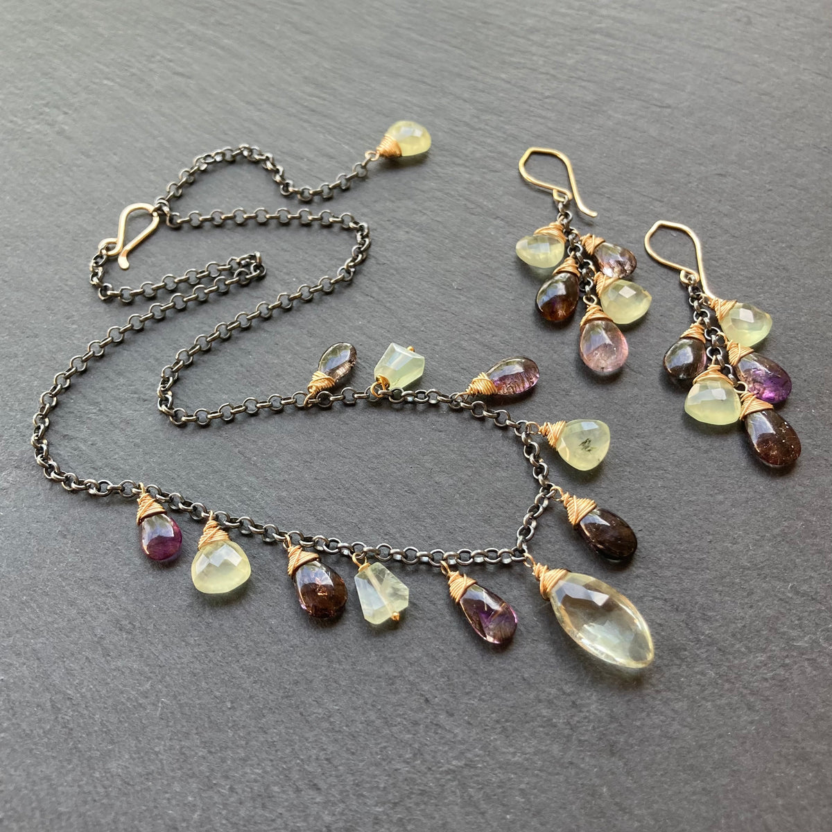 Moss Amethyst, Prehnite & Mixed Metal Charm Choker