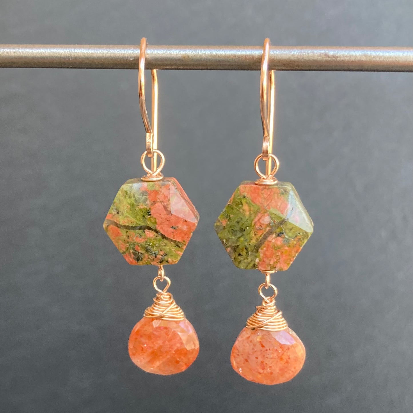 Unakite, Sunstone & Rose Gold Earrings