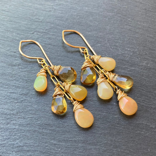 Ethiopian Golden Opal, Citrine & Gold Cascade Earrings