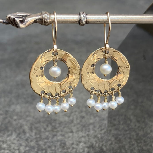 Vintage Freshwater Pearl, Gold & Bronze Fringe Hoops