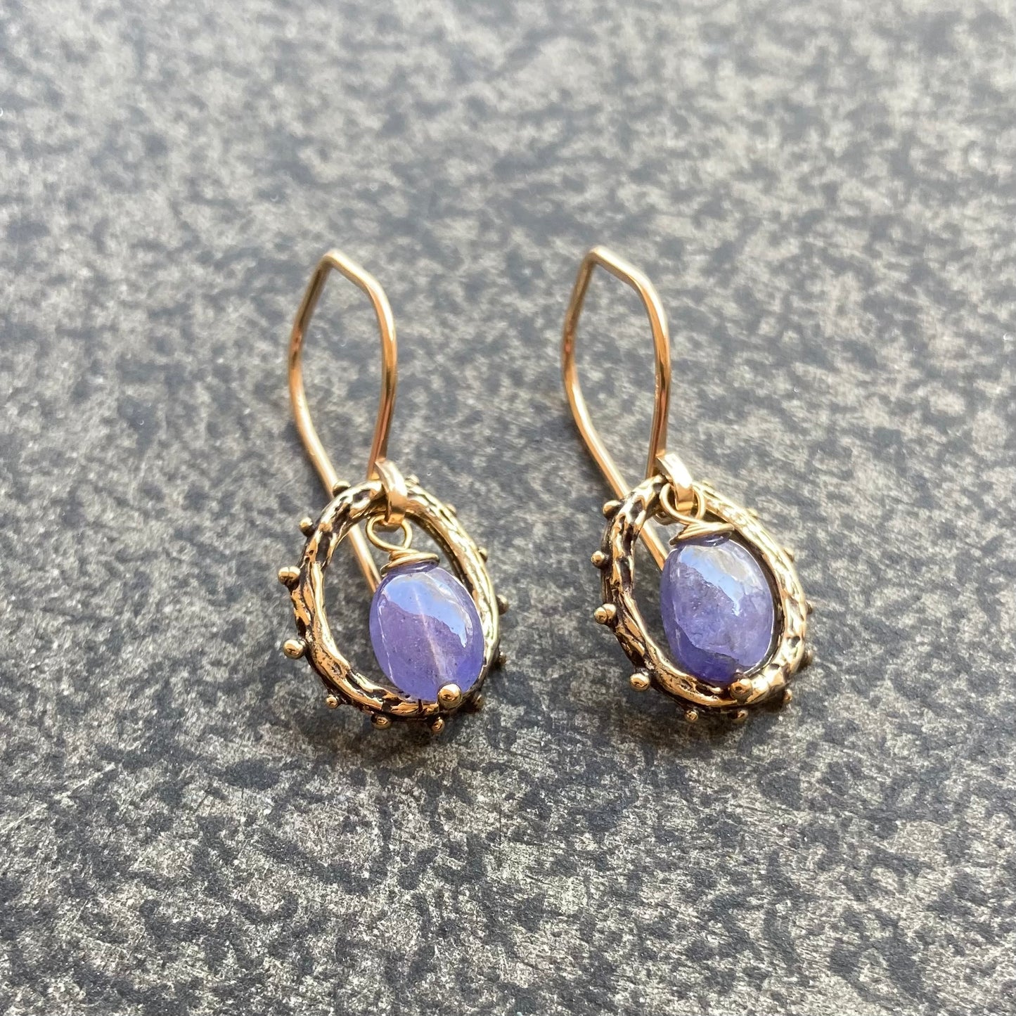 Tanzanite, Gold & Bronze Granulated Hoops