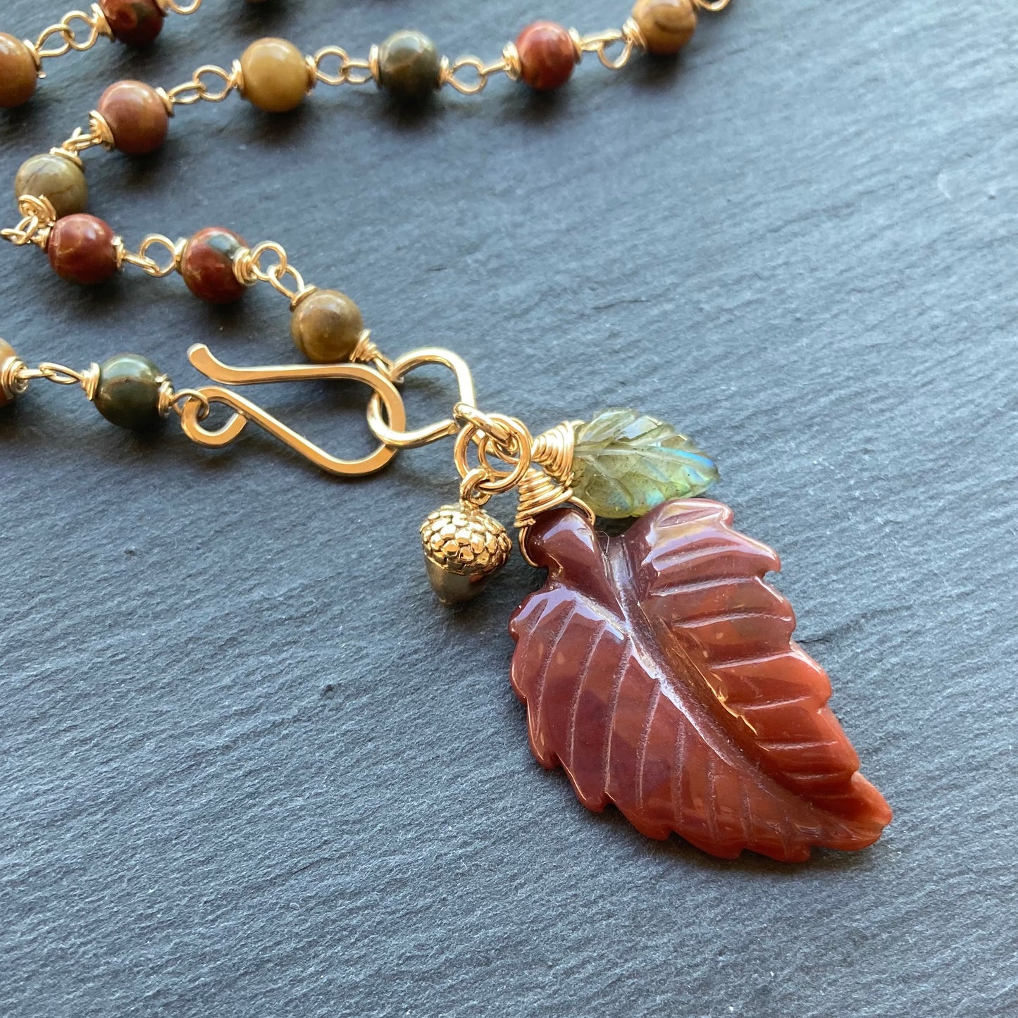 Red Creek Jasper, Gold & Indian Agate Autumn Leaf Pendant Necklace