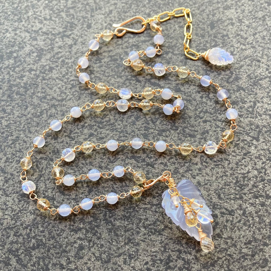 Blue Chalcedony, Citrine, Rainbow Moonstone & Gold Leaf Pendant Necklace