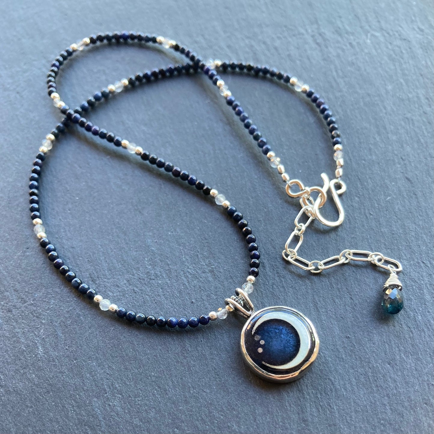 Dumortierite , Labradorite & Sterling Silver Winter Moon Pendant Choker