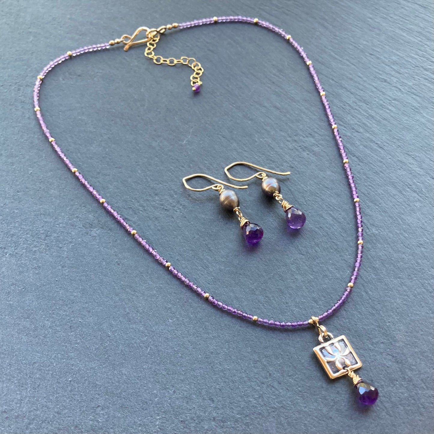 Amethyst, Gold & Bronze Iris Pendant Necklace