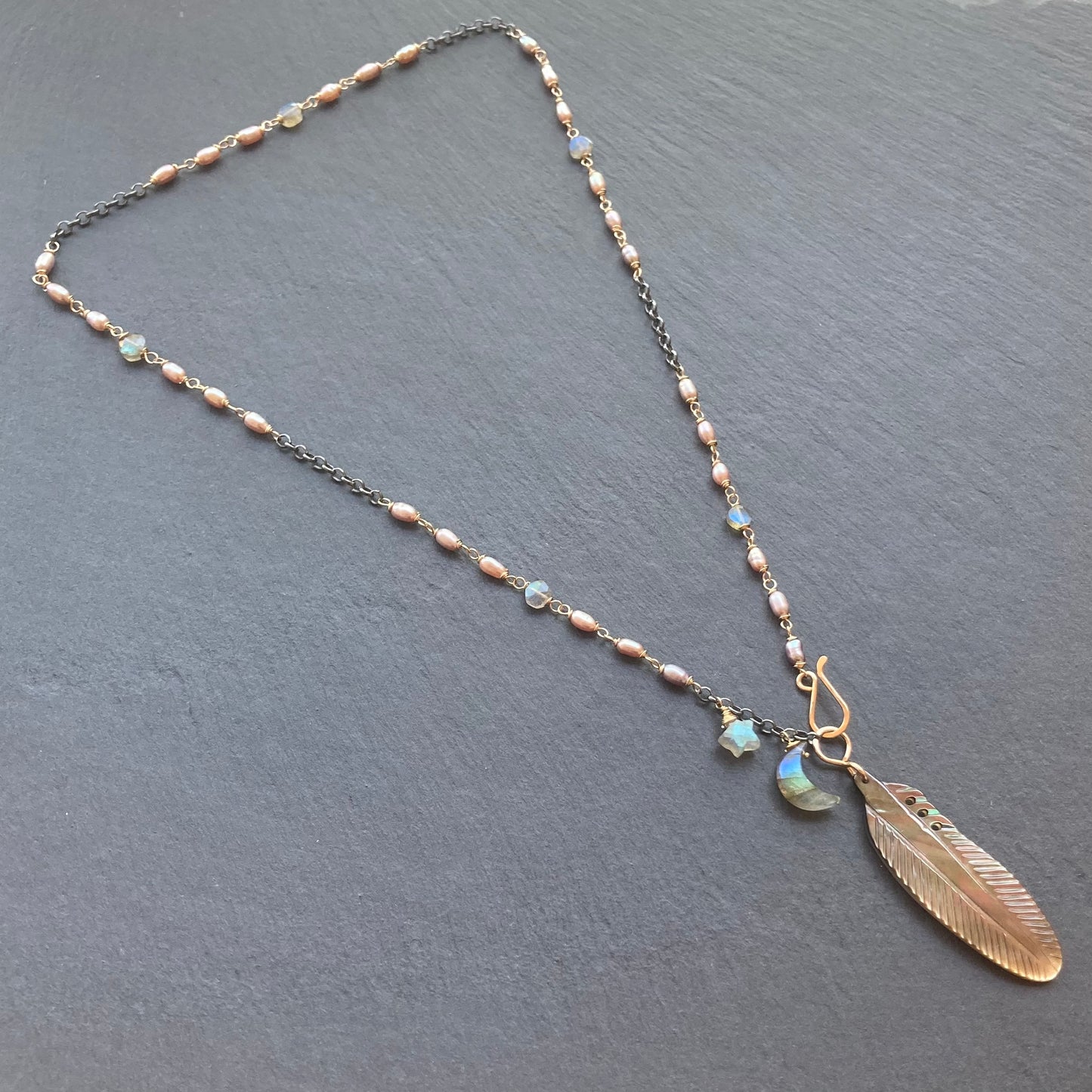 Black Mother of Pearl, Labradorite & Mixed Metal Crow Moon Necklace
