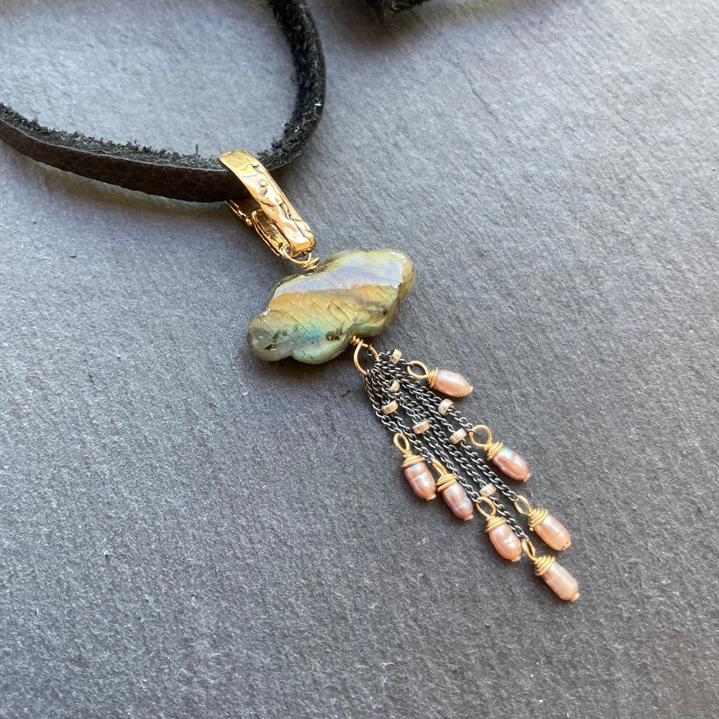 Labradorite, Mauve Pearl & Mixed Metal Storm Deertan Leather Choker