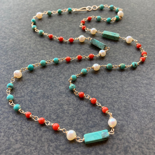 Natural Coral, Turquoise, Freshwater Pearl & Gold Necklace