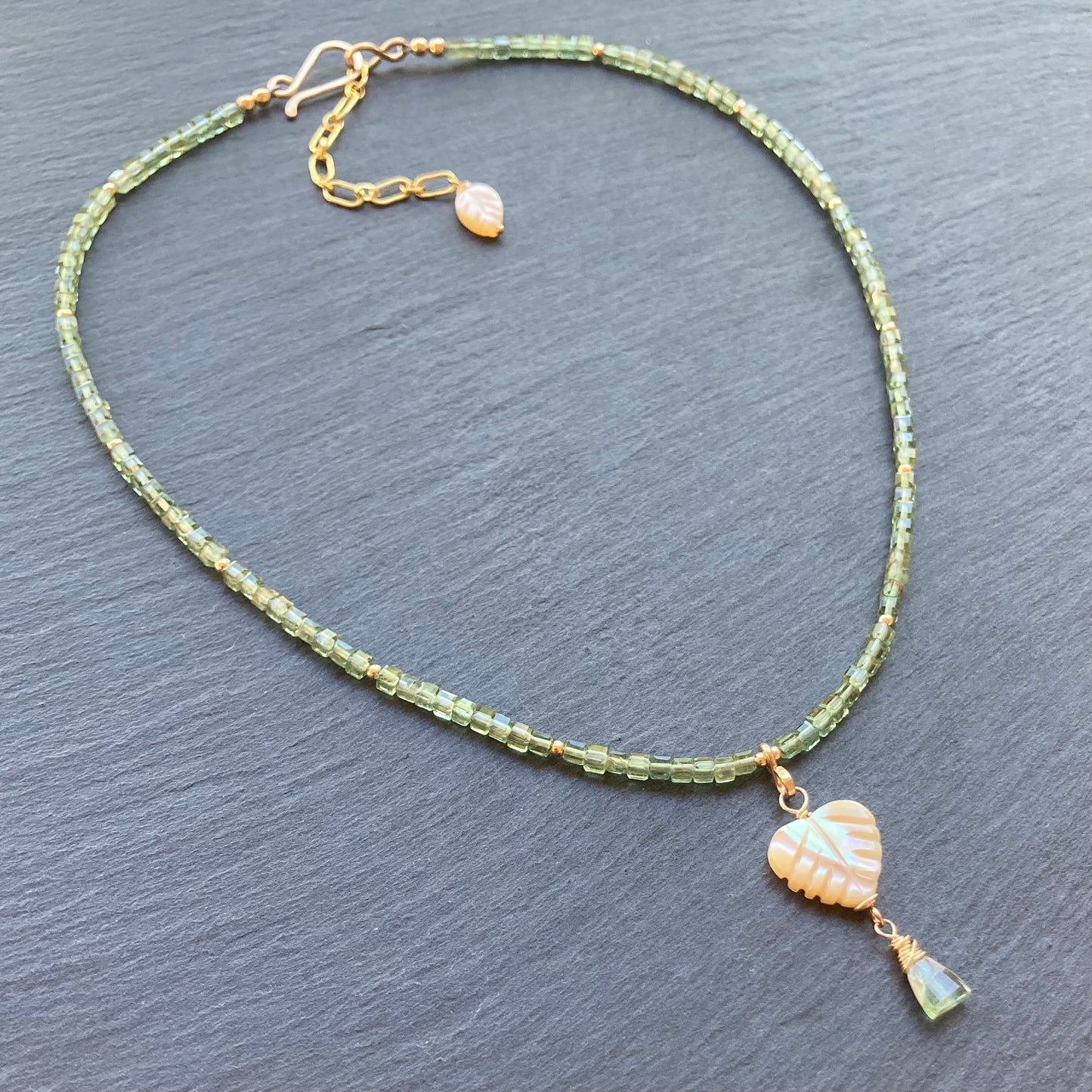 Mother of Pearl, Green Apatite & Gold Palm Heart Necklace