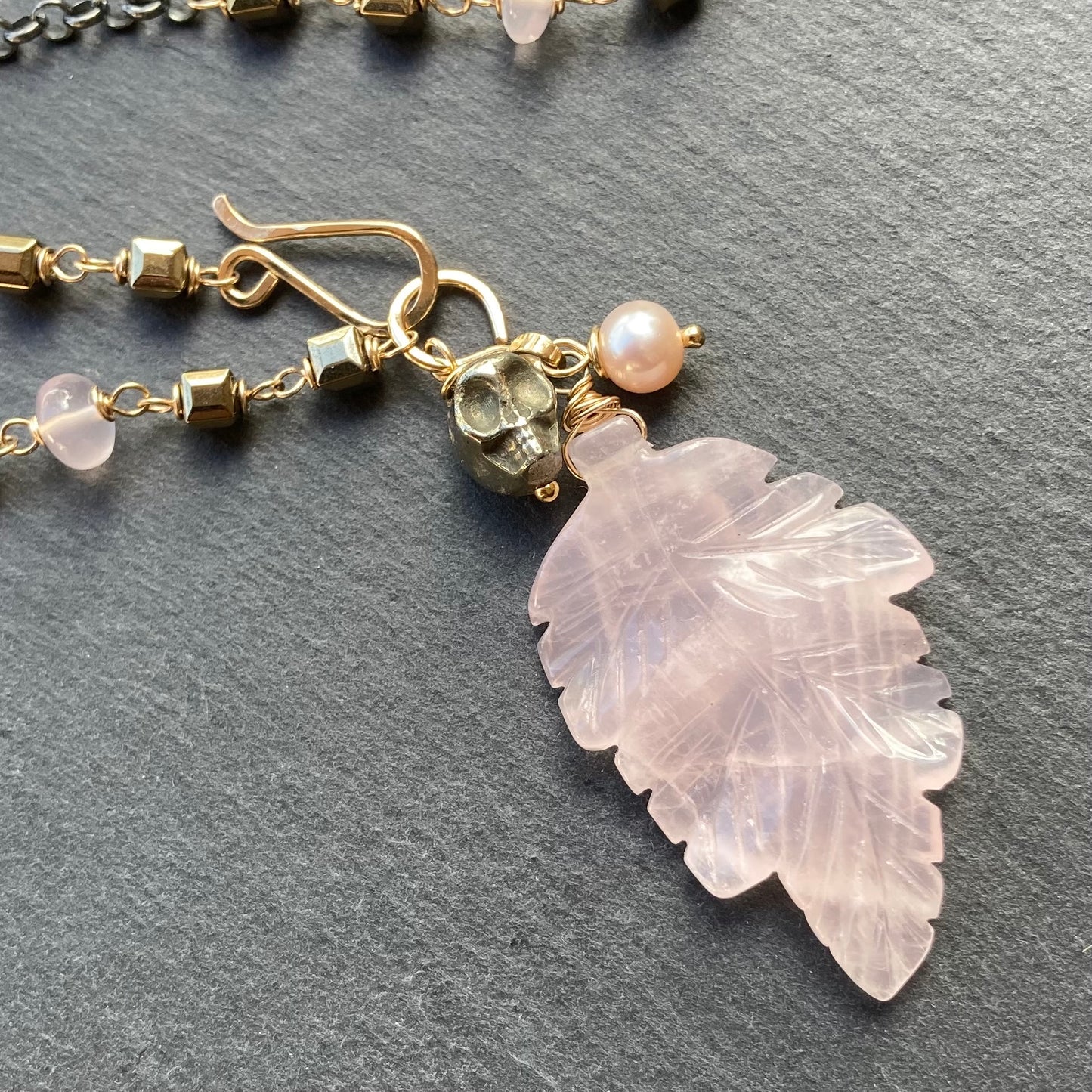 Rose Quartz, Pyrite & Mixed Metal Calavera Talisman Necklace