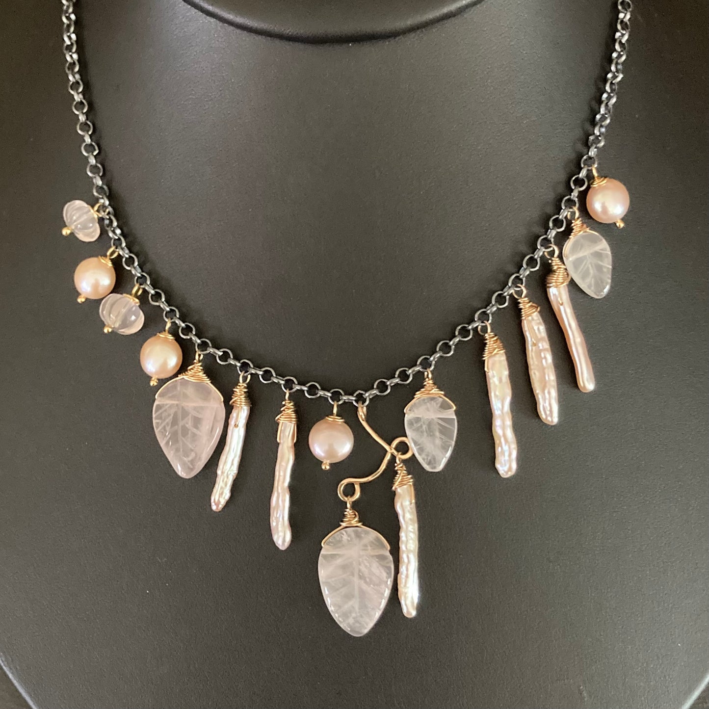 Rose Quartz, Pink Freshwater Pearl & Mixed Metal Asymmetrical Charm Choker