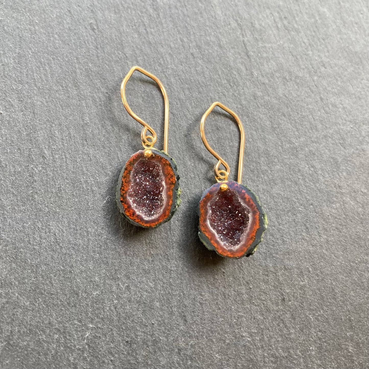 Red Druzy Tabasco Geode & Gold Earrings