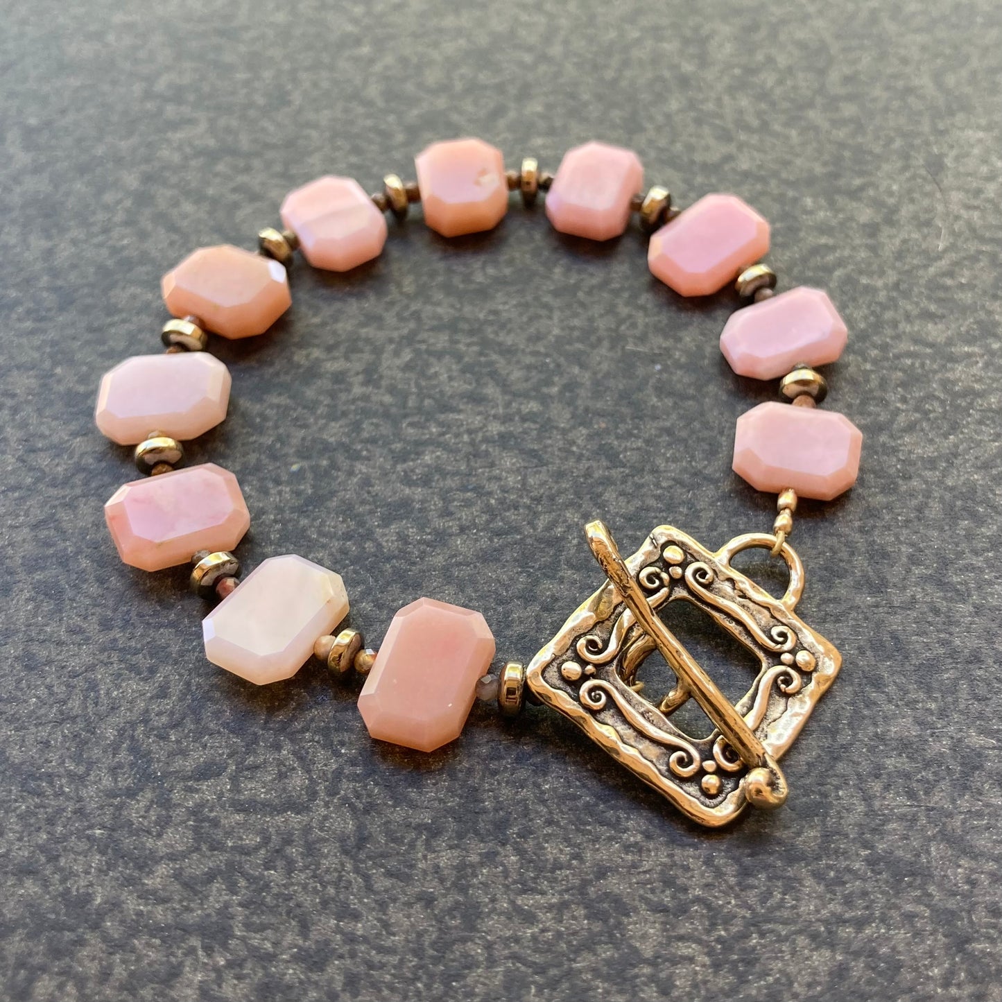 Peruvian Pink Opal, Pyrite & Bronze Toggle Bracelet