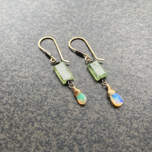 Ethiopian Opal, Green Kyanite & Mixed Metal Earrings