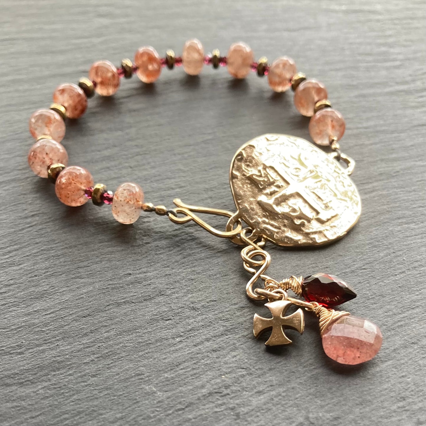 Strawberry Quartz & Bronze Spanish Coin Bracelet