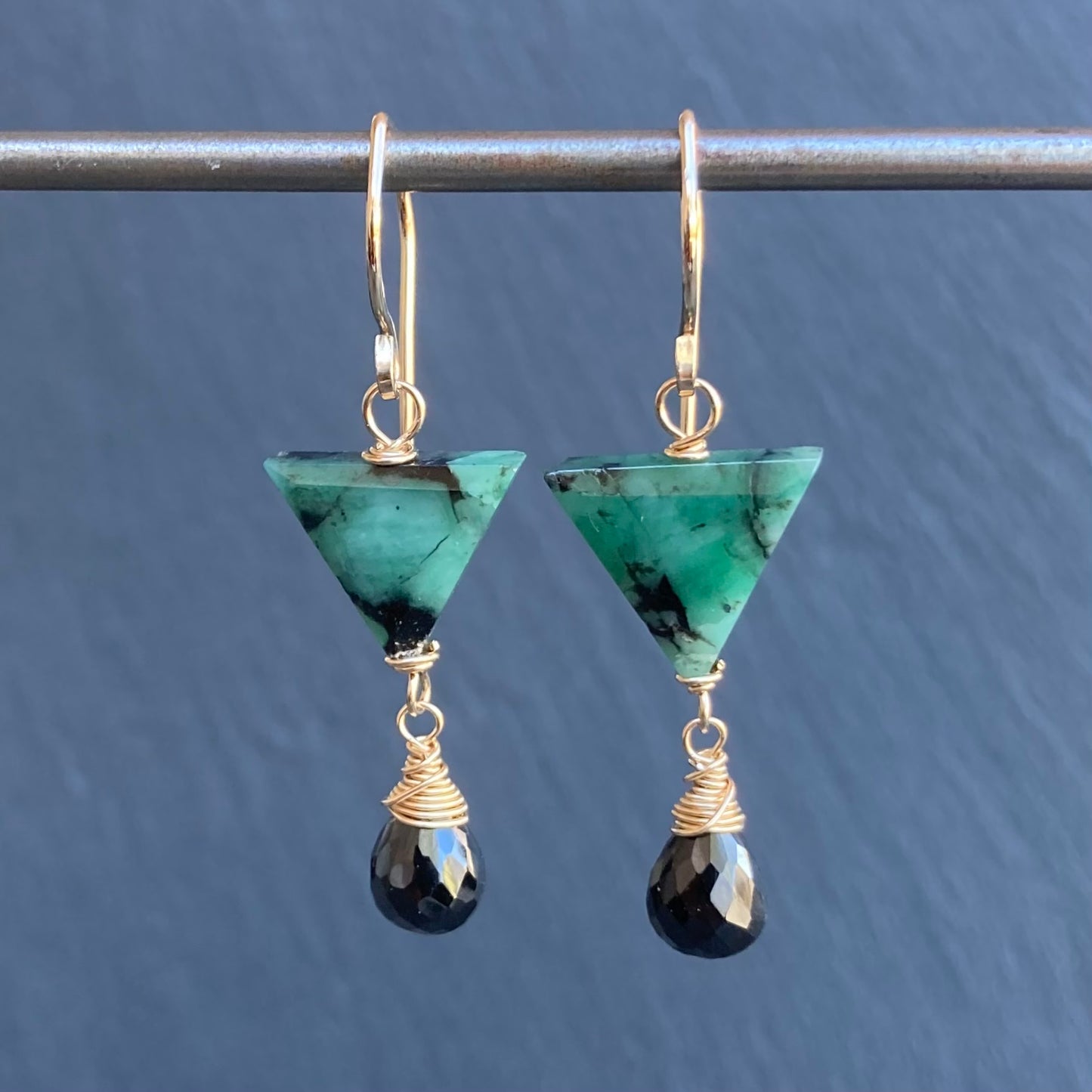 Natural Emerald, Black Onyx & Gold Earrings