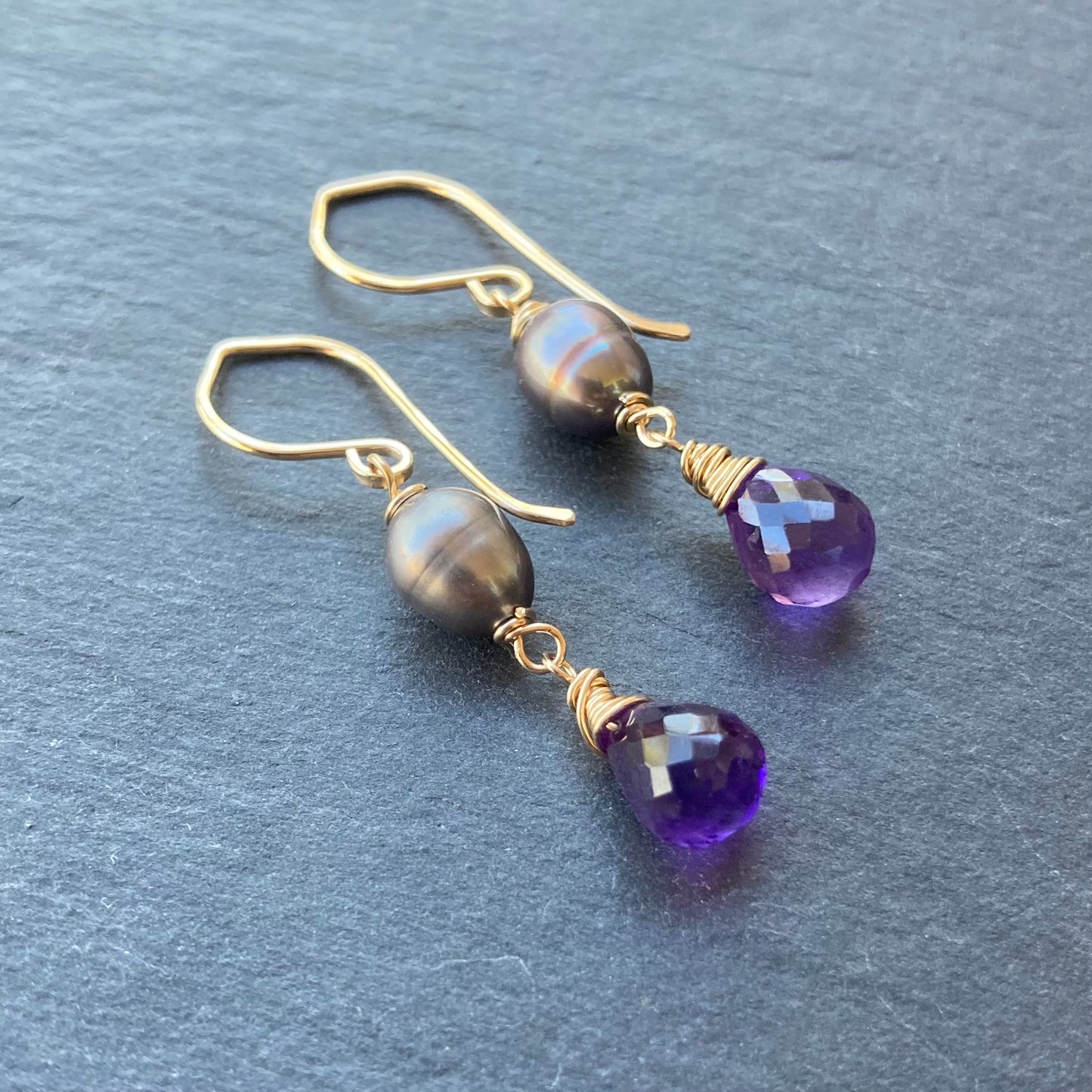 Amethyst, Peacock Pearl & Gold Earrings