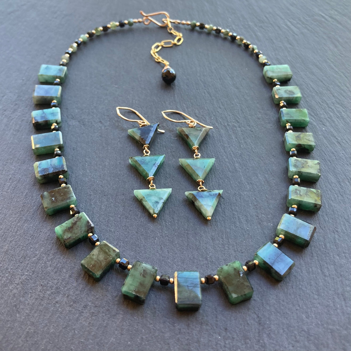 Natural Emerald & Gold Long Drop Earrings