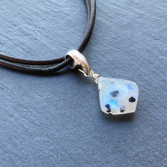 Tourmalinated Rainbow Moonstone & Sterling Silver Leather Choker