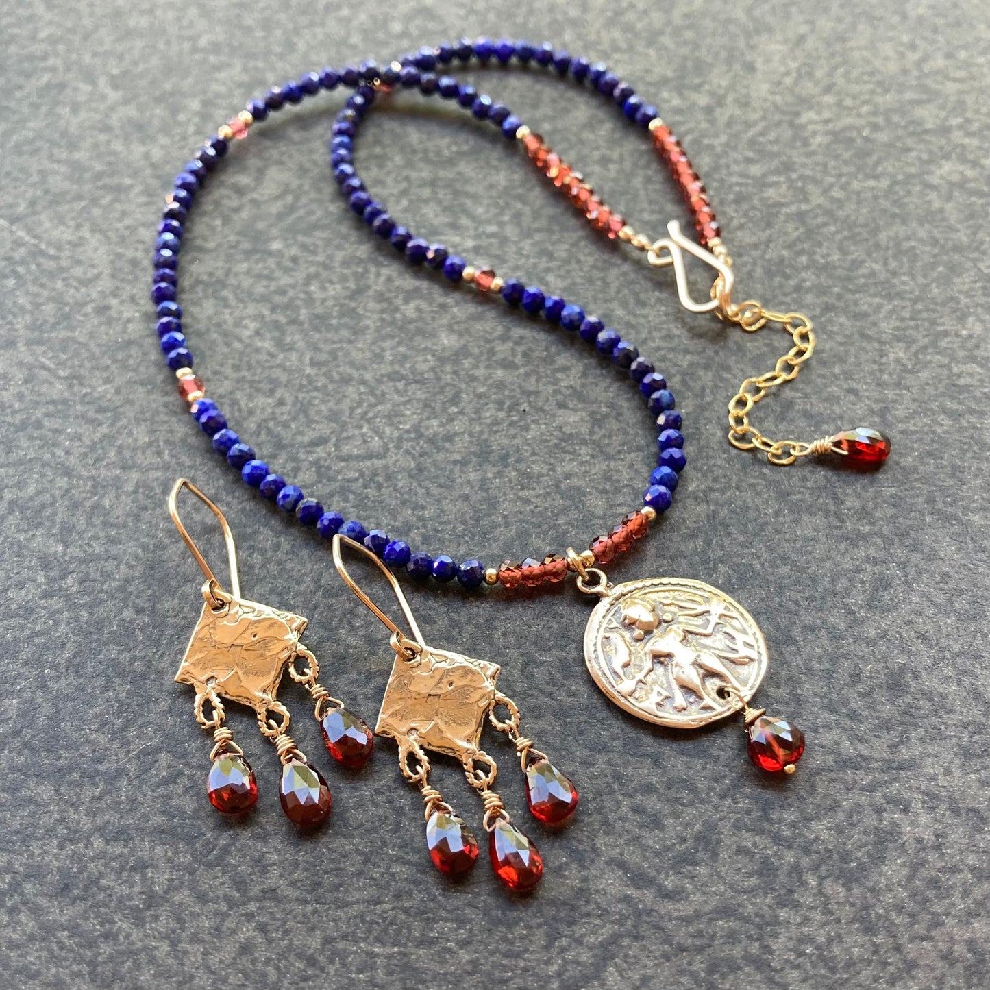 Lapis, Mozambique Garnet, Gold & Bronze Durga Warrior Goddess Necklace