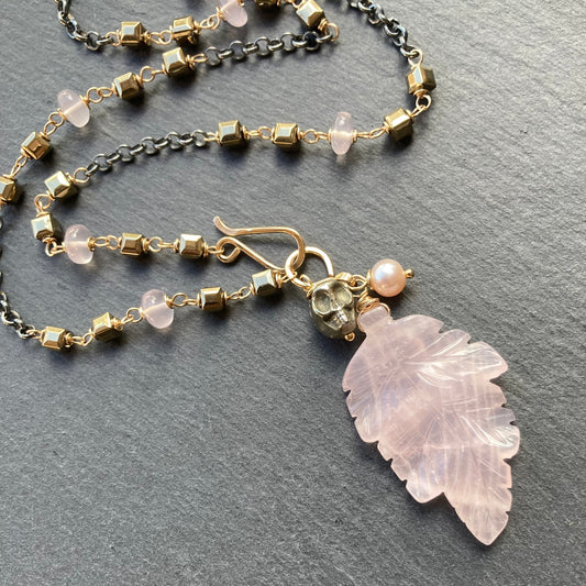 Rose Quartz, Pyrite & Mixed Metal Calavera Talisman Necklace