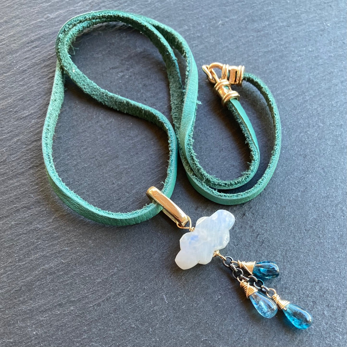 Rainbow Moonstone, Kyanite & Mixed Metal Monsoon Deertan Leather Choker