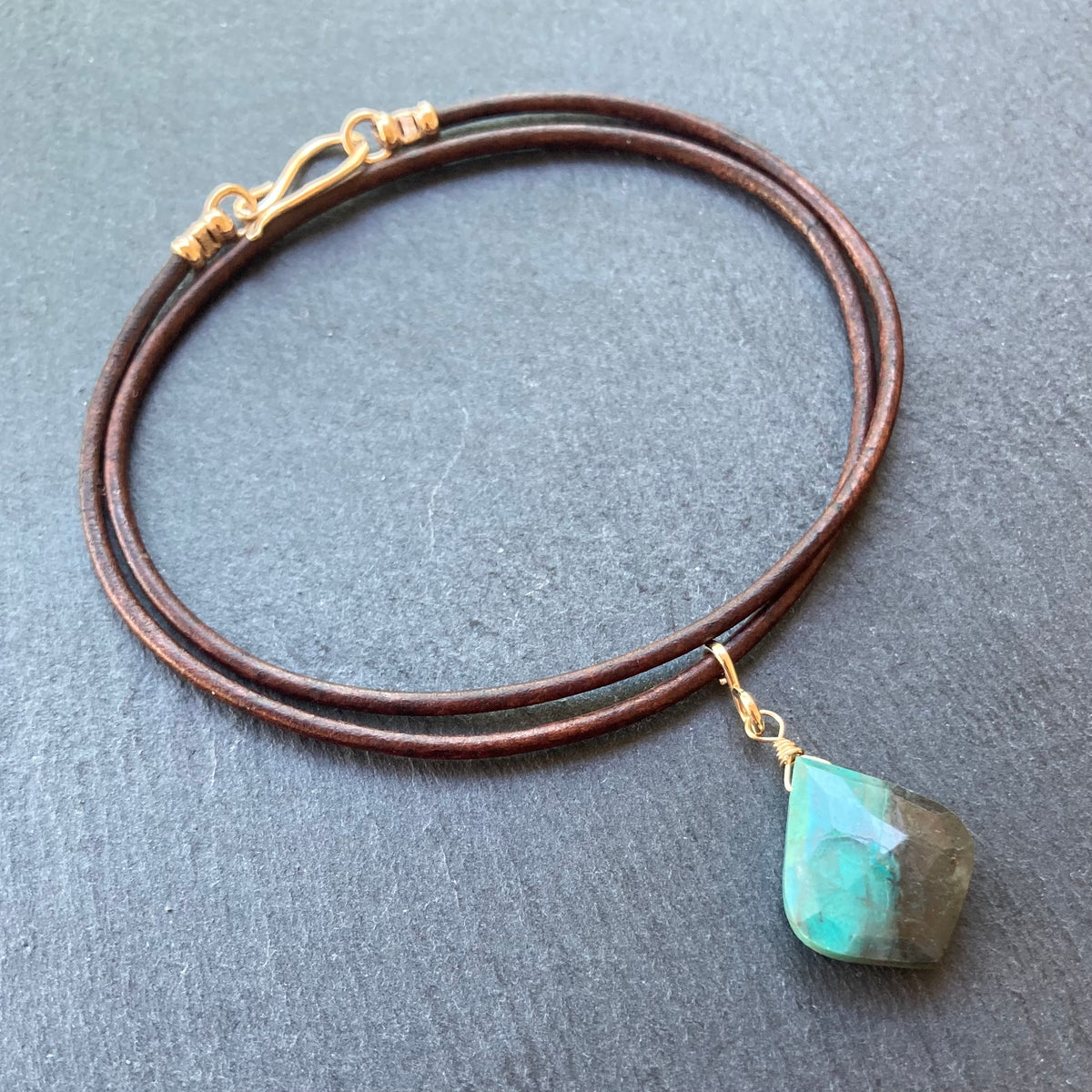 Chrysocolla & Gold Leather Choker