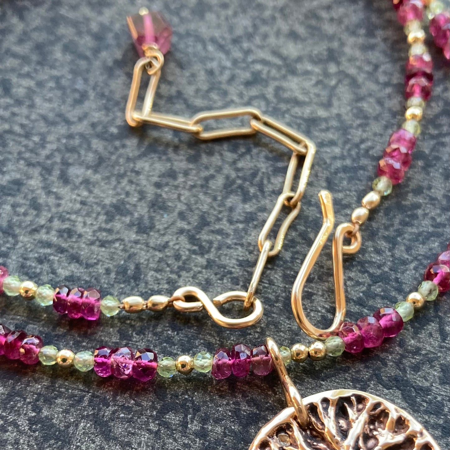 Rubelite Tourmaline, Peridot, Gold & Bronze Tree of Life Pendant Necklace