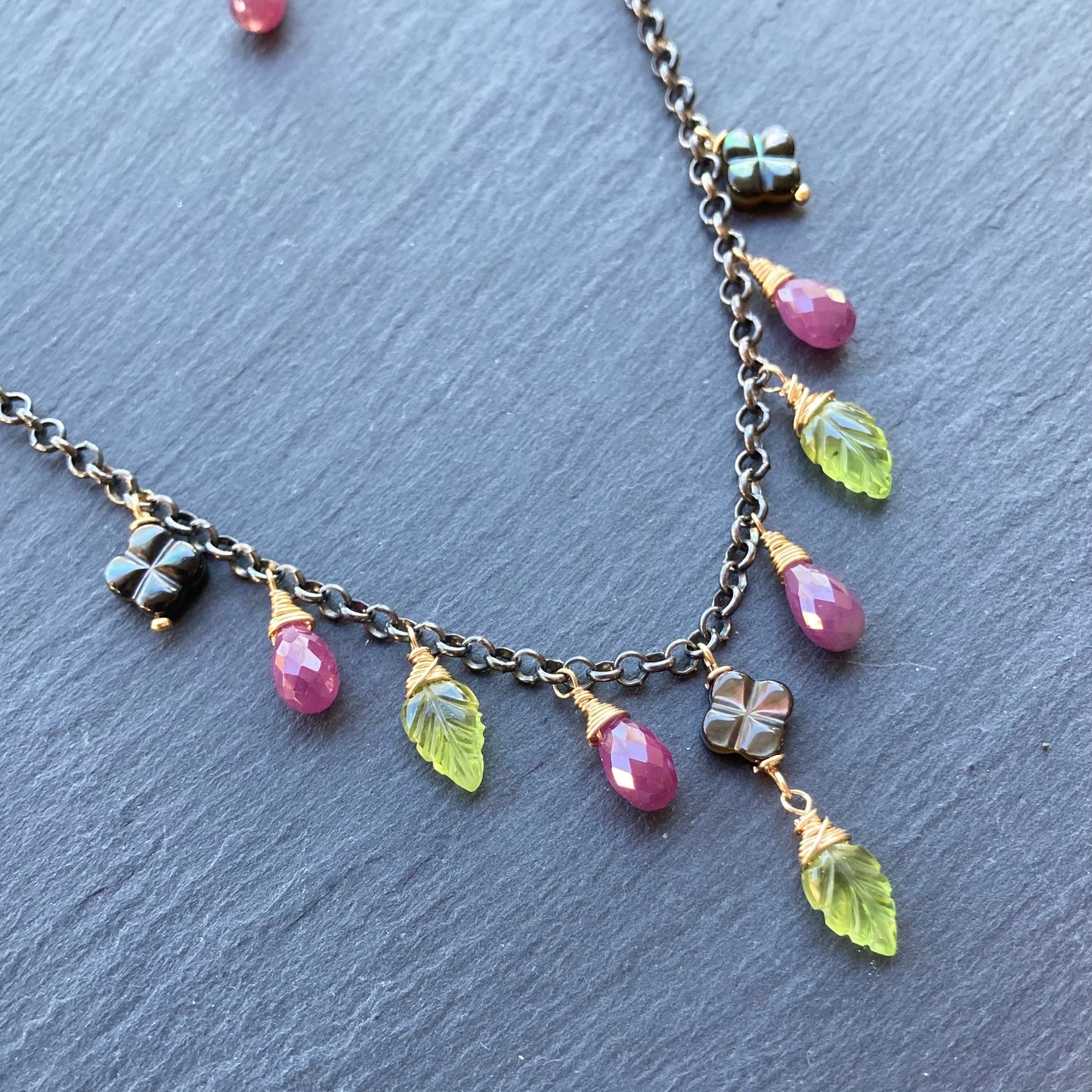 Ruby, Peridot, Black Mother of Pearl & Mixed Metal Charm Choker