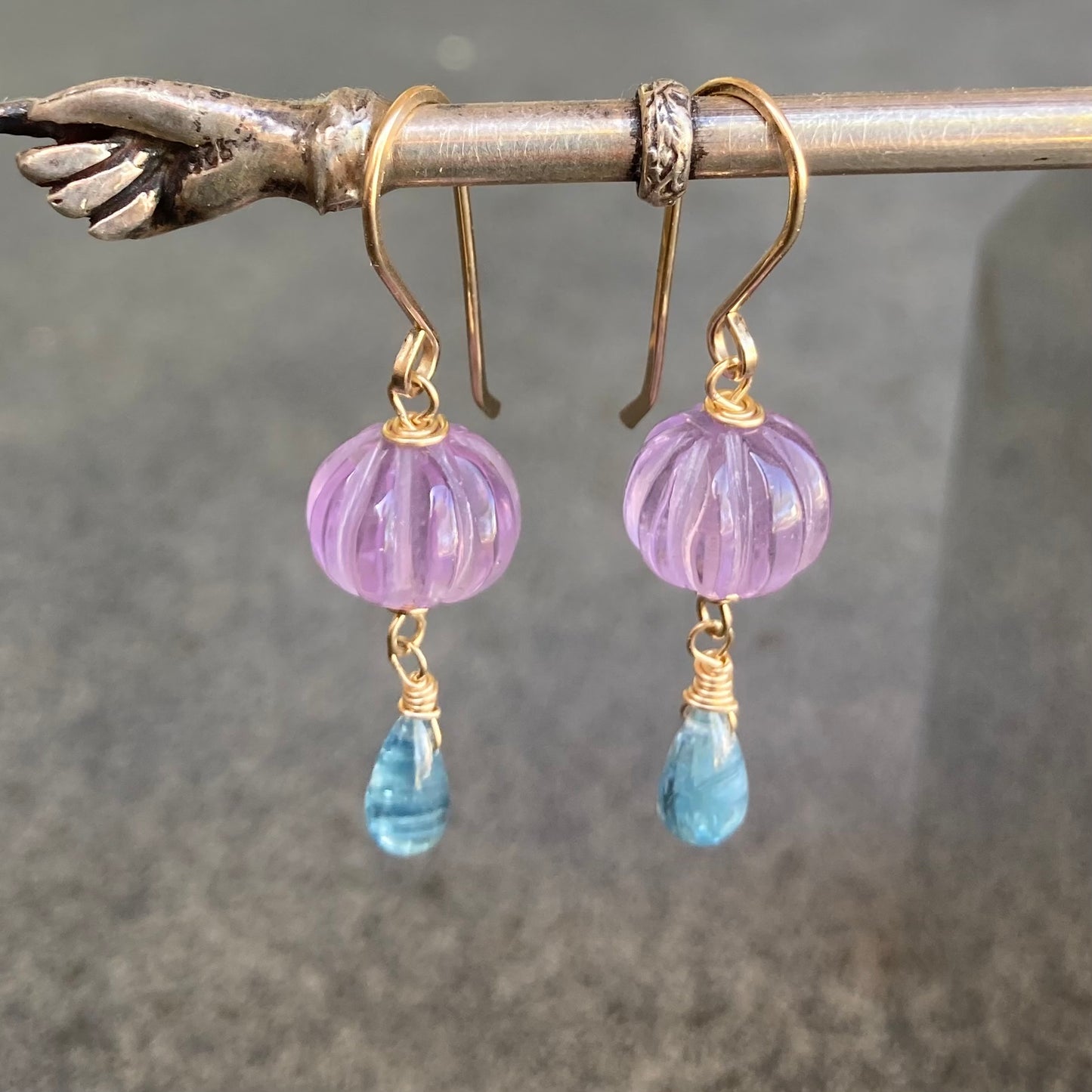 Pink Amethyst, Aqua Kyanite & Gold Earrings