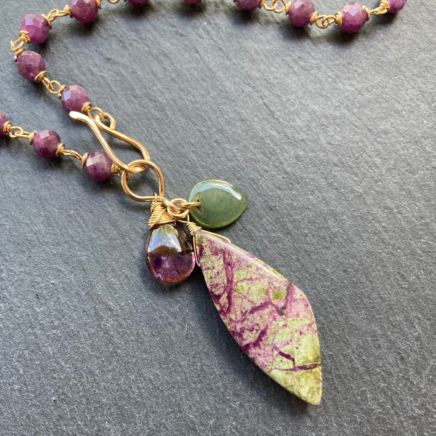 Ruby & Gold Atlantisite Stichtite Pendant Necklace