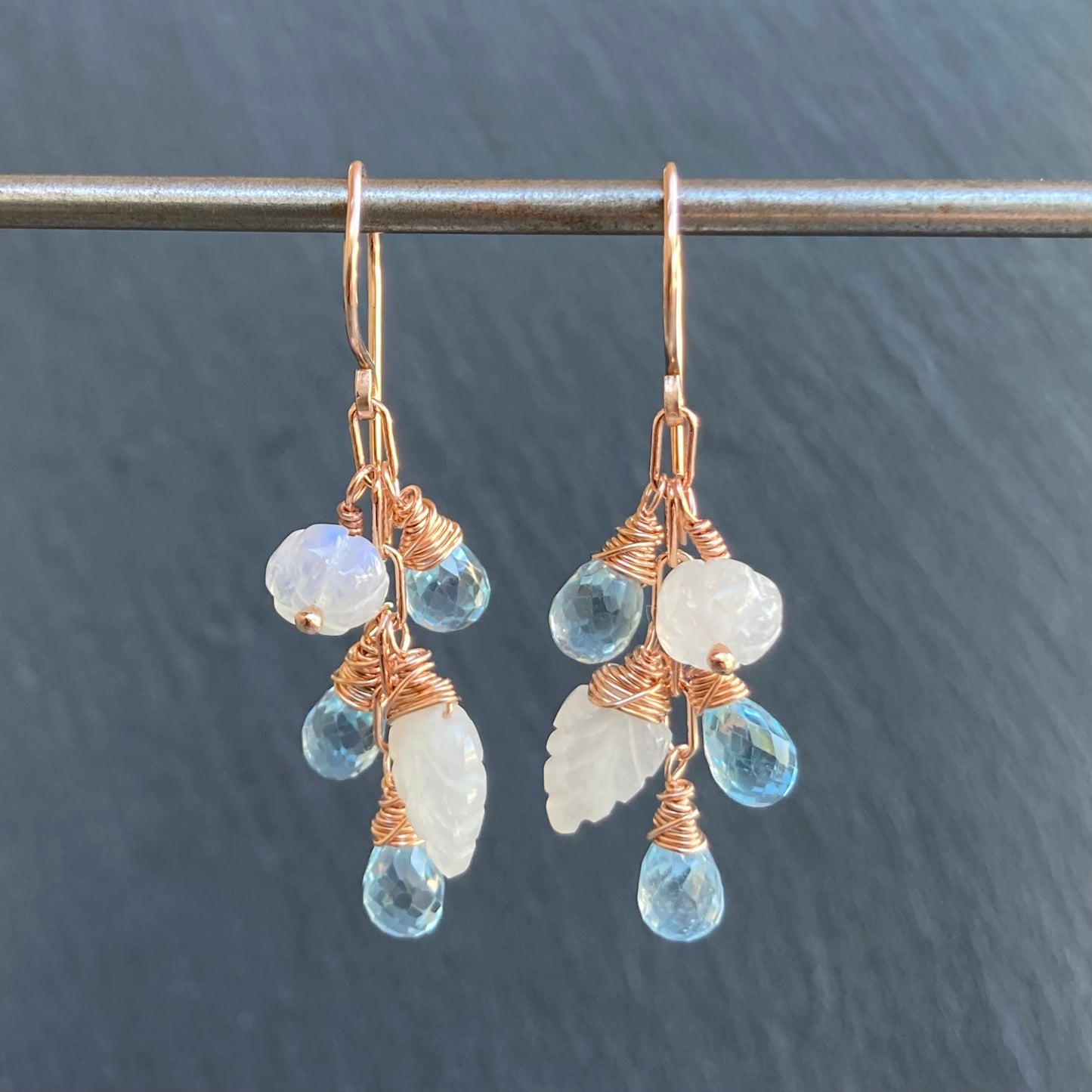 Blue Topaz, Rainbow Moonstone & Rose Gold Cascade Earrings