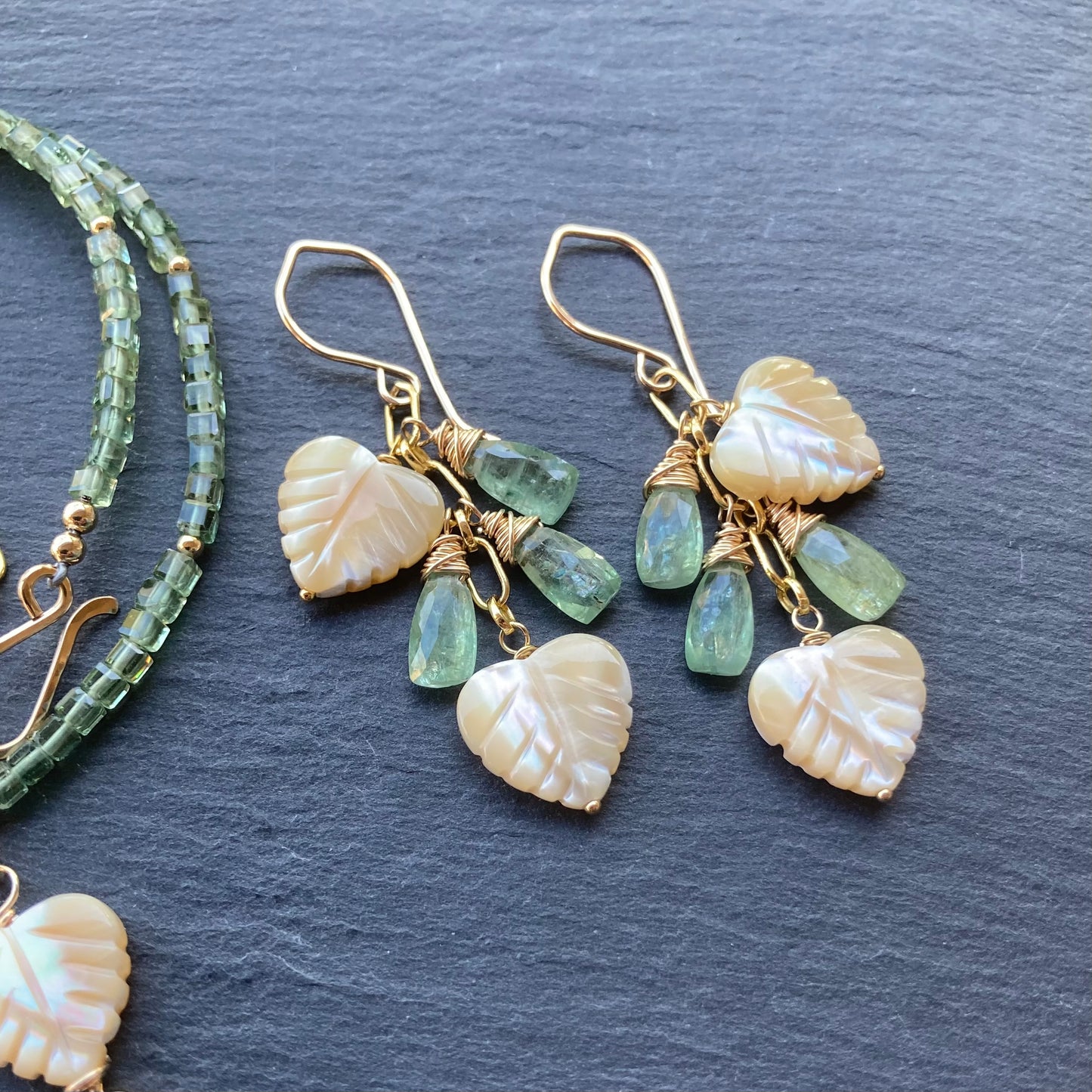 Mother of Pearl, Green Kyanite & Gold Palm Heart Earrings