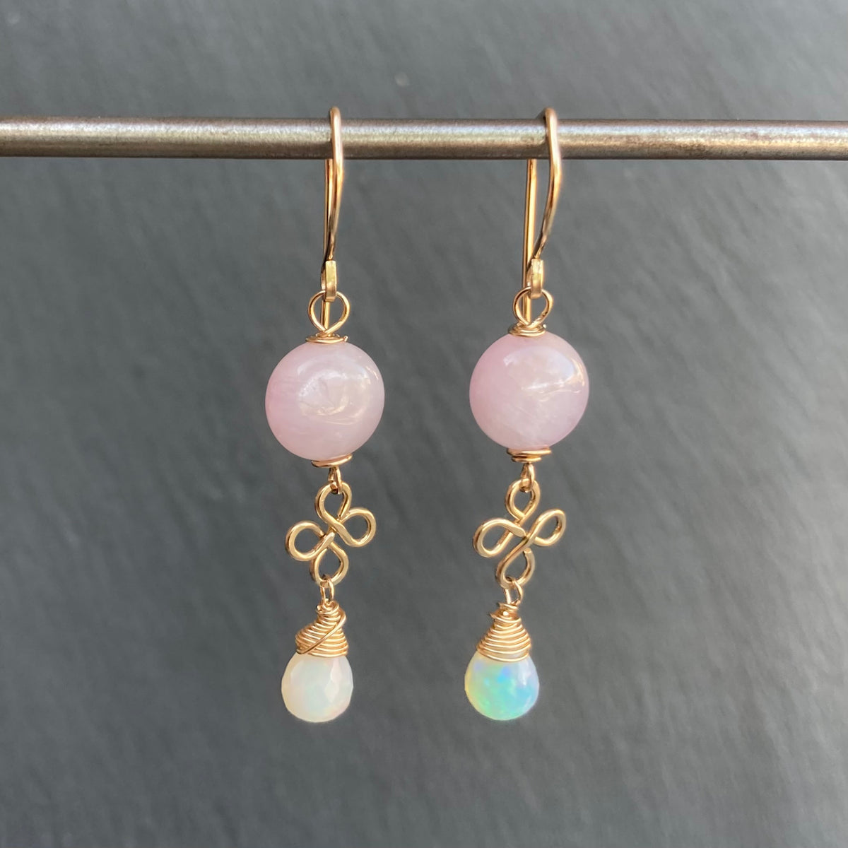 Kunzite, Ethiopian Opal & Gold Earrings