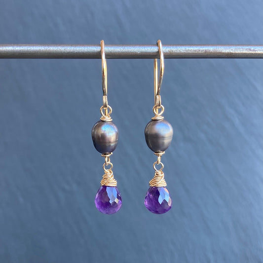 Amethyst, Peacock Pearl & Gold Earrings