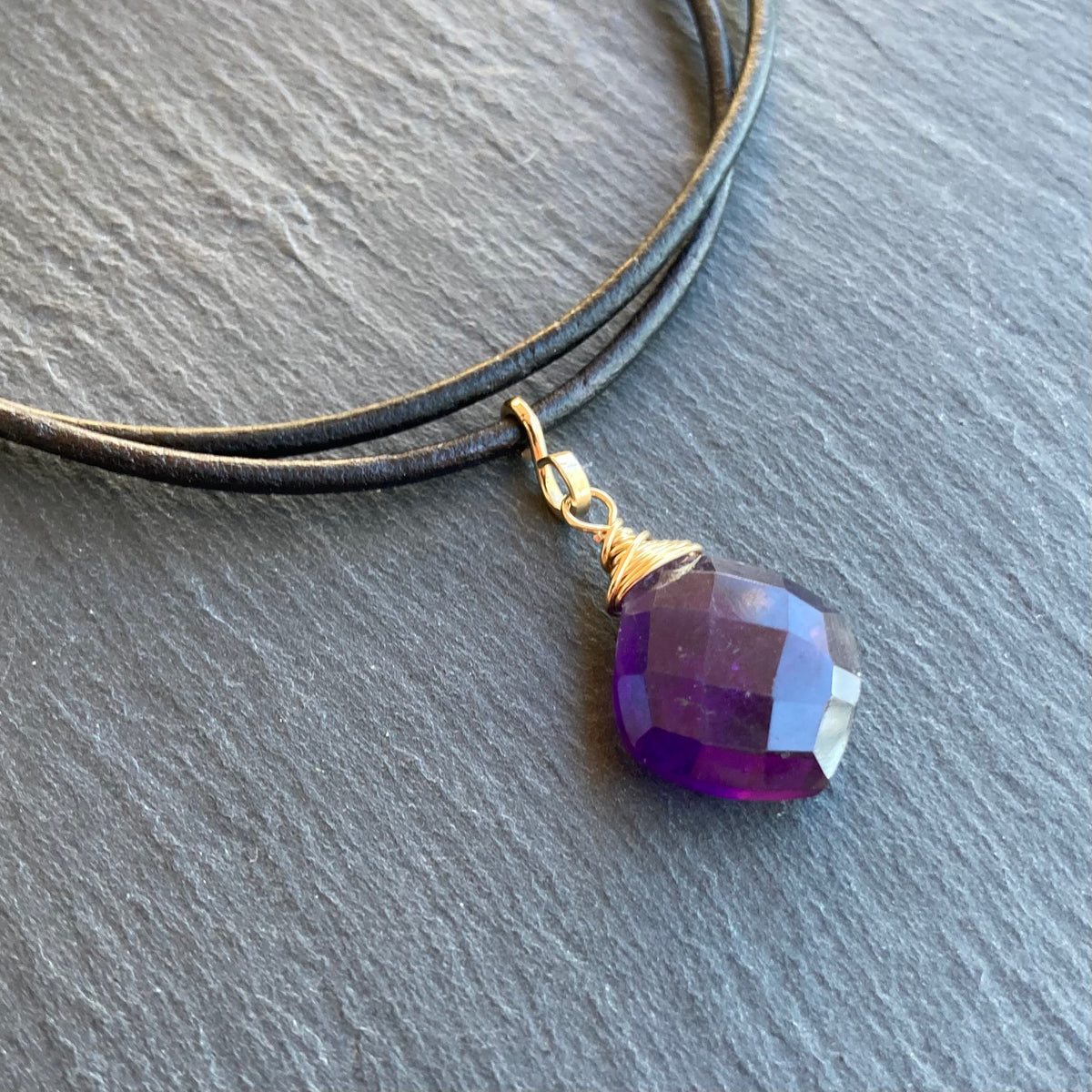 Amethyst & Gold Leather Choker