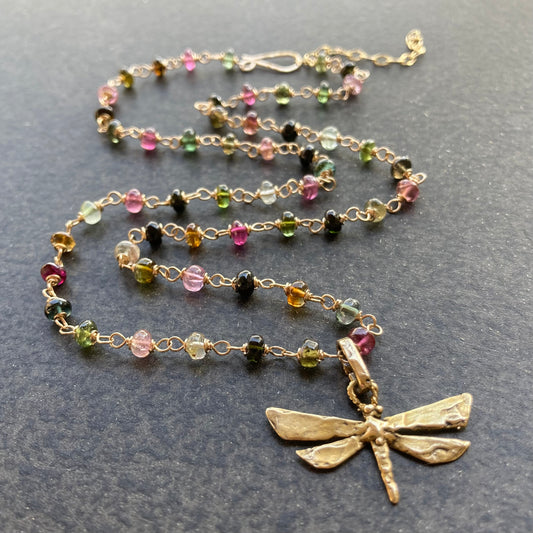Multicolor Tourmaline, 14k Gold & Bronze Dragonfly Necklace