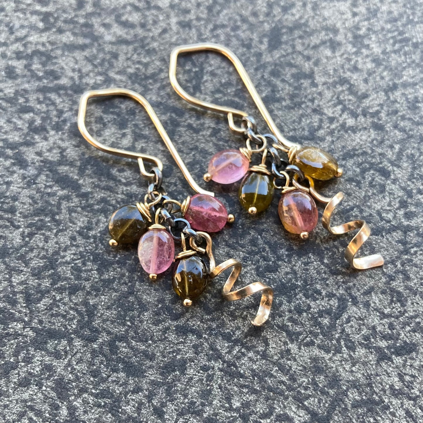 Watermelon Tourmaline & Mixed Metal Spiral Earrings