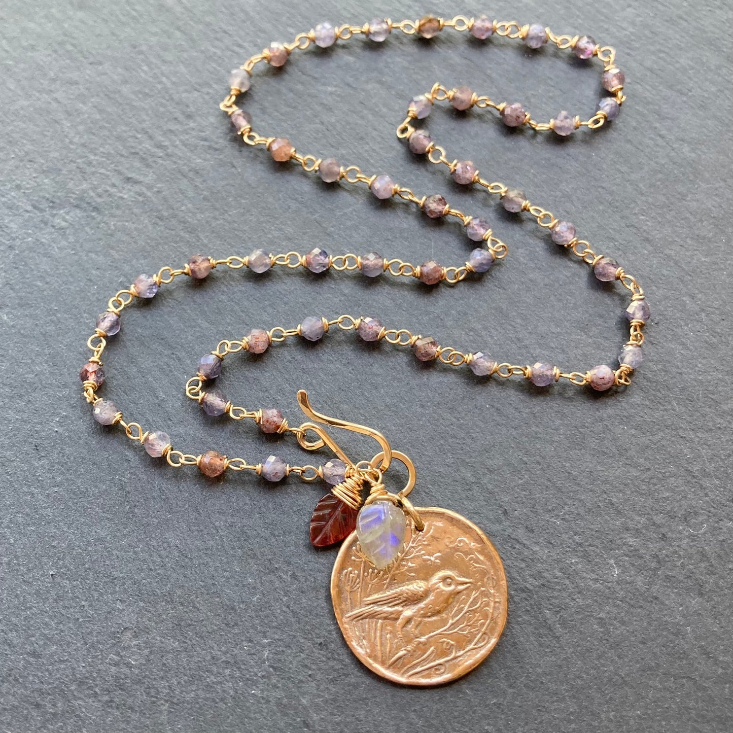 Iolite Sunstone, Gold & Bronze Scrub Jay Pendant Necklace