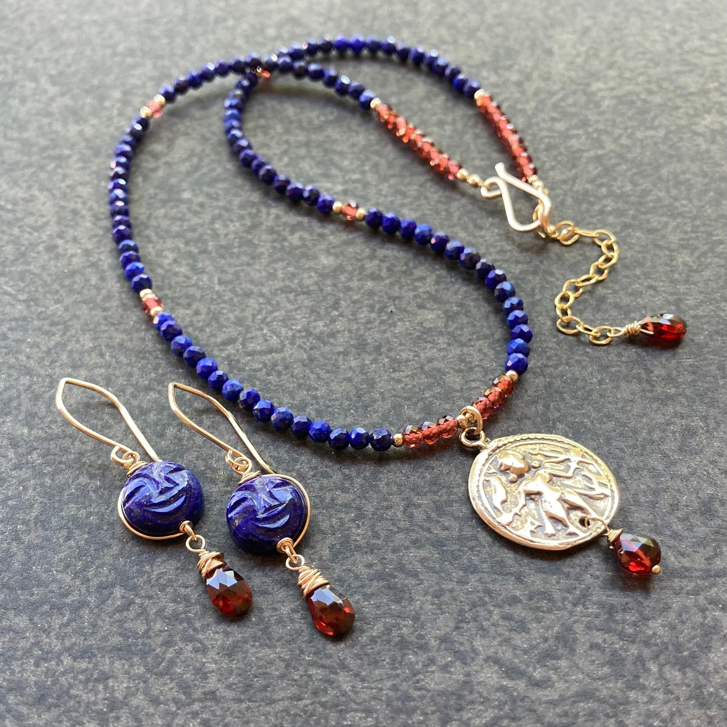 Lapis, Mozambique Garnet, Gold & Bronze Durga Warrior Goddess Necklace