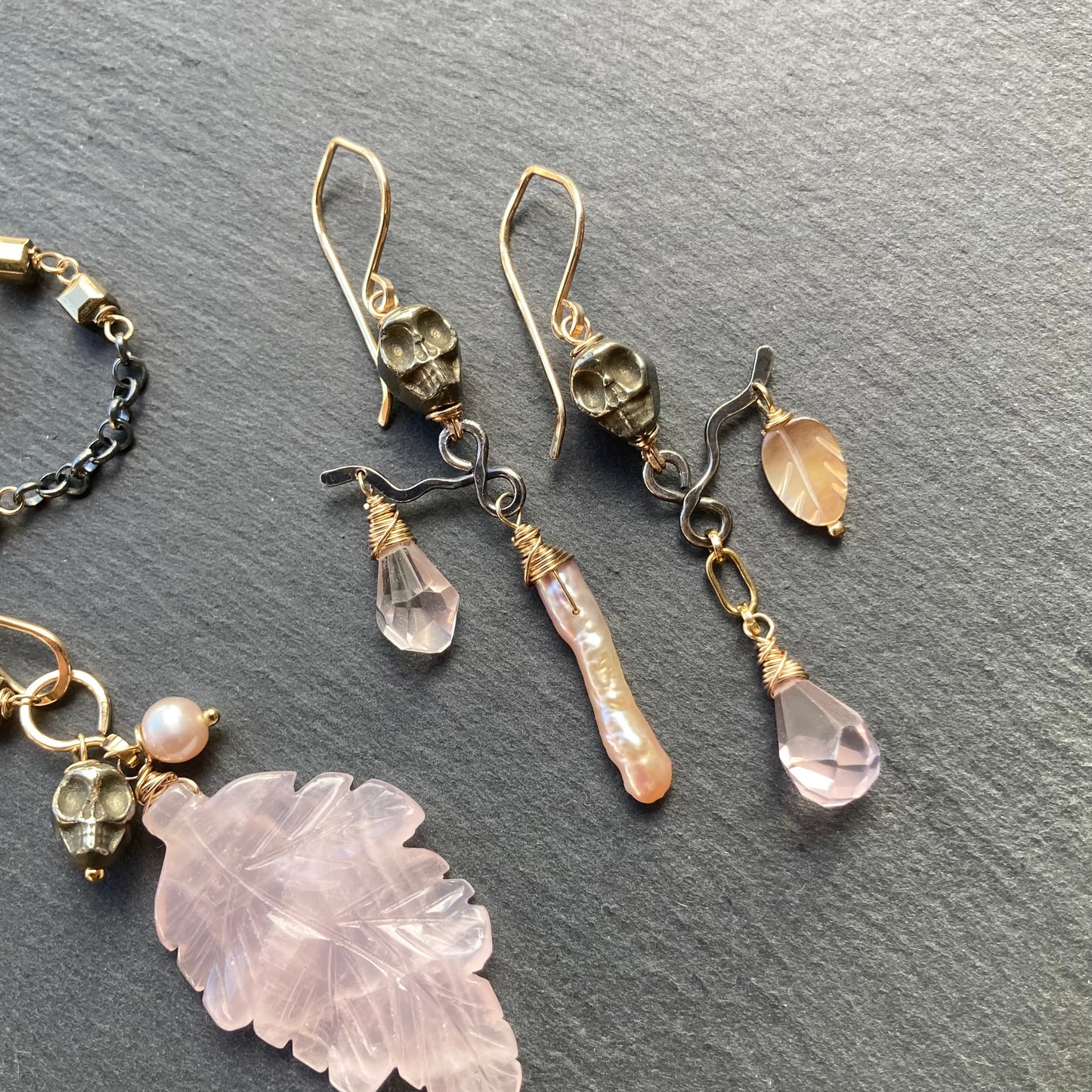Rose Quartz, Pearl & Pyrite Calavera Talisman Earrings
