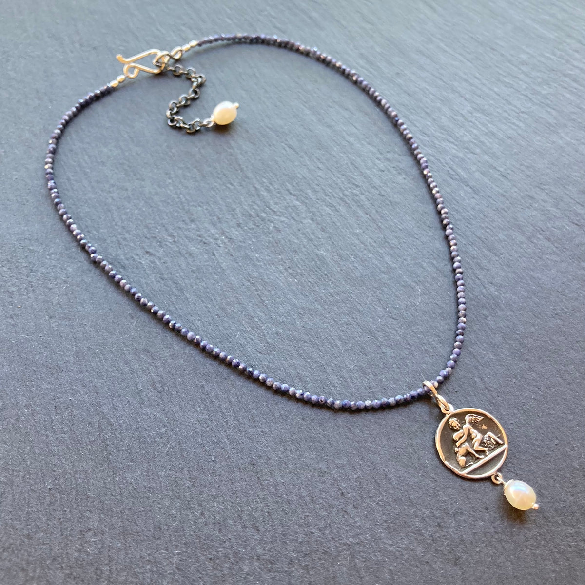 Sapphire, Freshwater Pearl & Sterling Silver Vintage Pendant Necklace