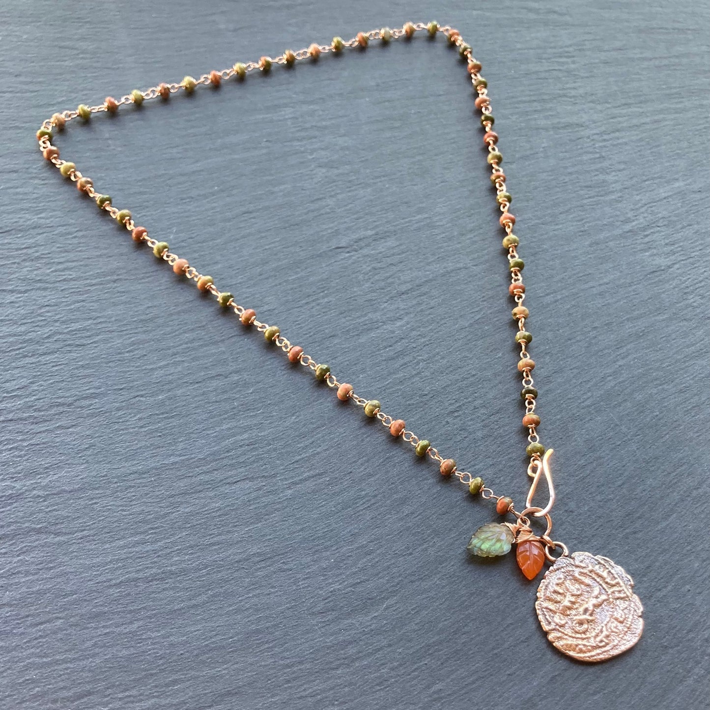 Unakite, Rose Gold & Bronze Medieval Coin Necklace