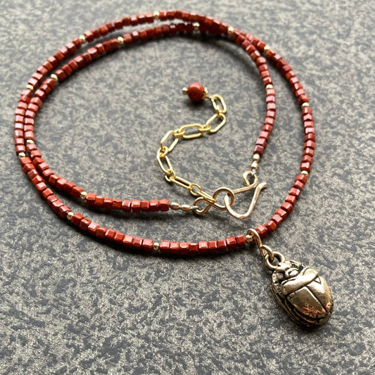 Red Jasper, Gold & Bronze Scarab Pendant Choker
