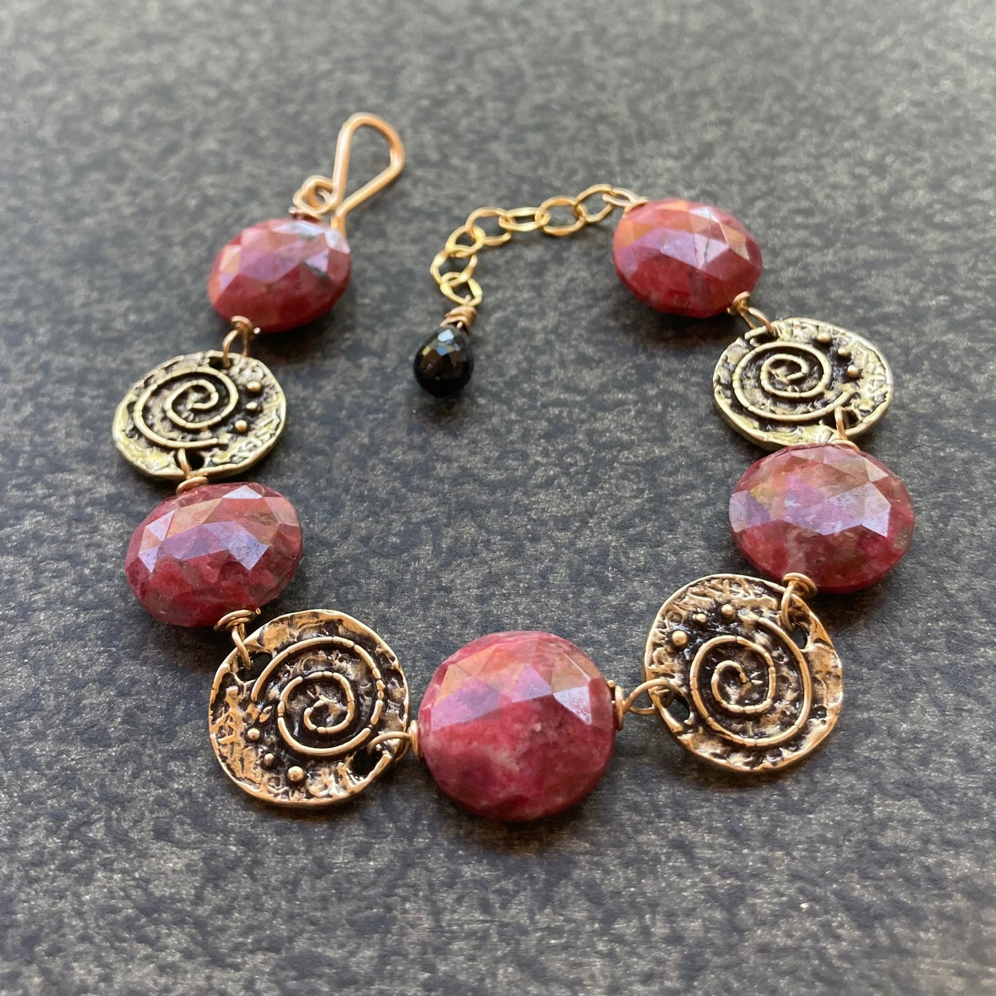 Thulite & Bronze Spiral Coin Bracelet