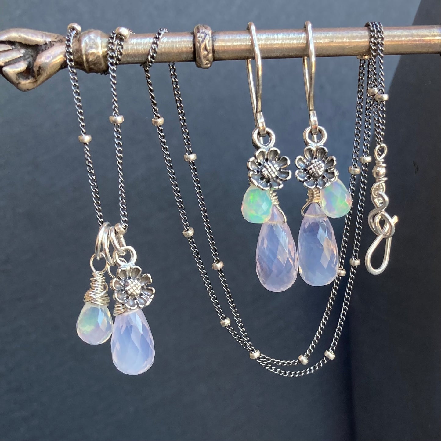 Scorolite, Ethiopian Opal & Sterling Silver Cherry Blossom Earrings