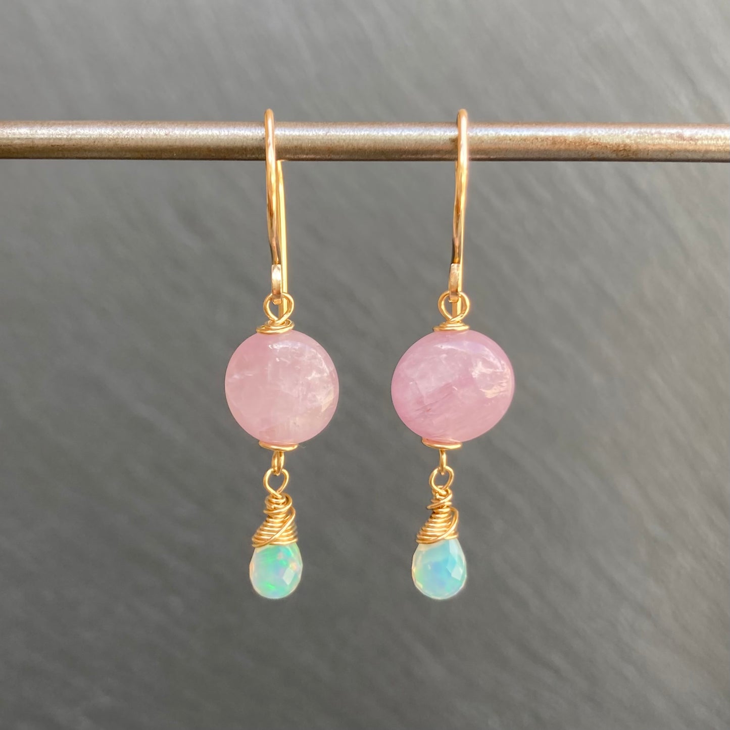 Kunzite, Ethiopian Opal & Gold Earrings