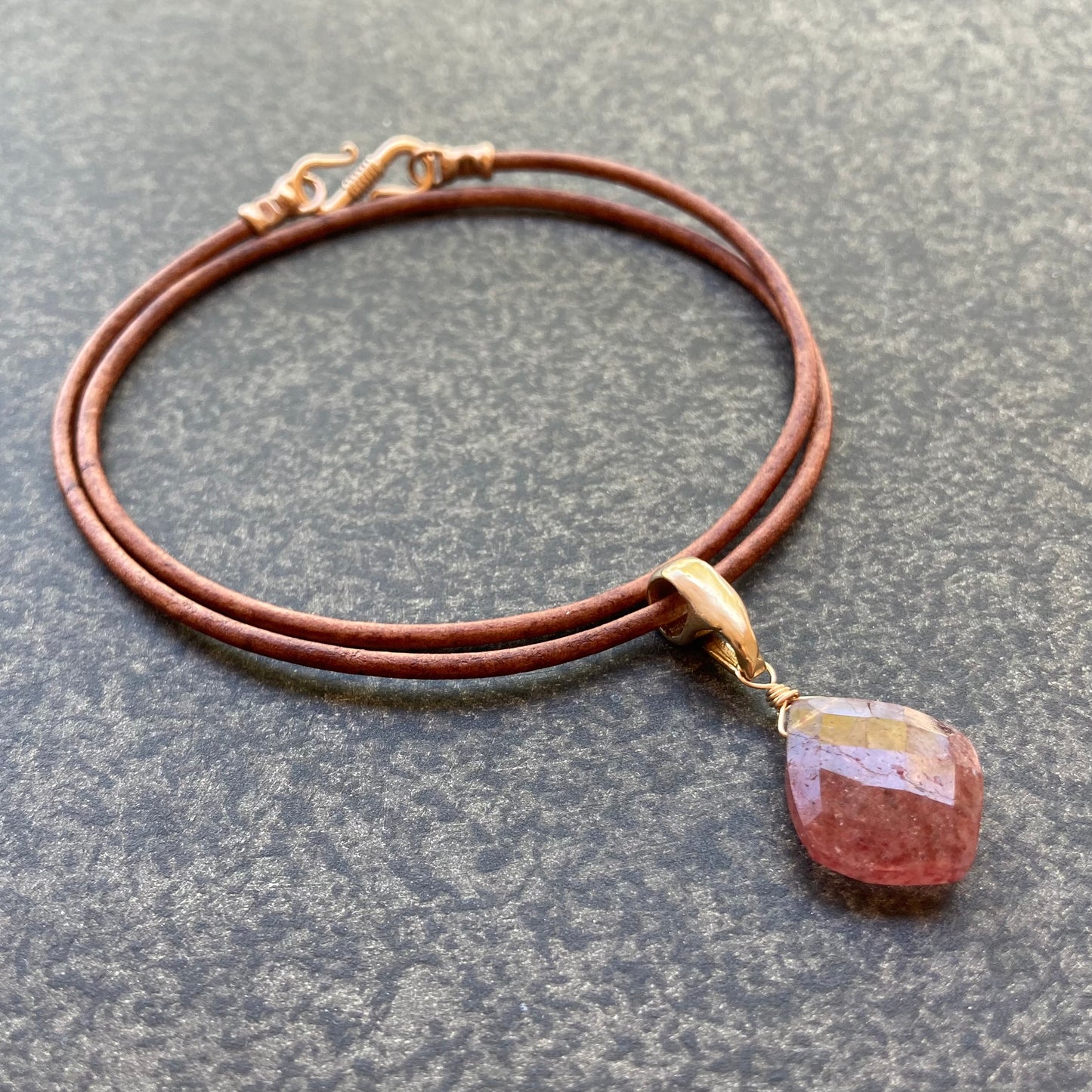 Strawberry Quartz & Bronze Leather Choker