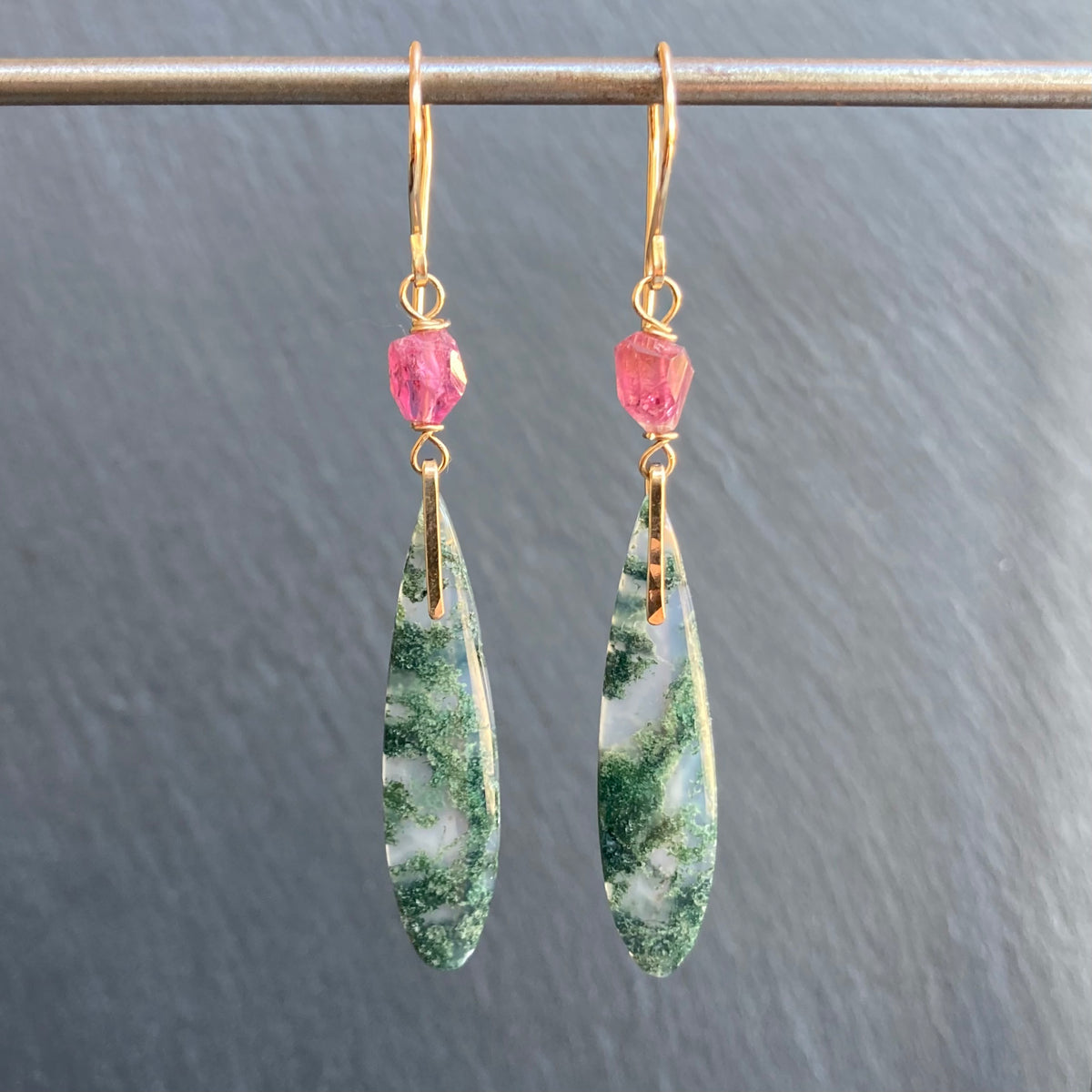 Moss Agate, Pink Tourmaline & Gold Long Drop Earrings